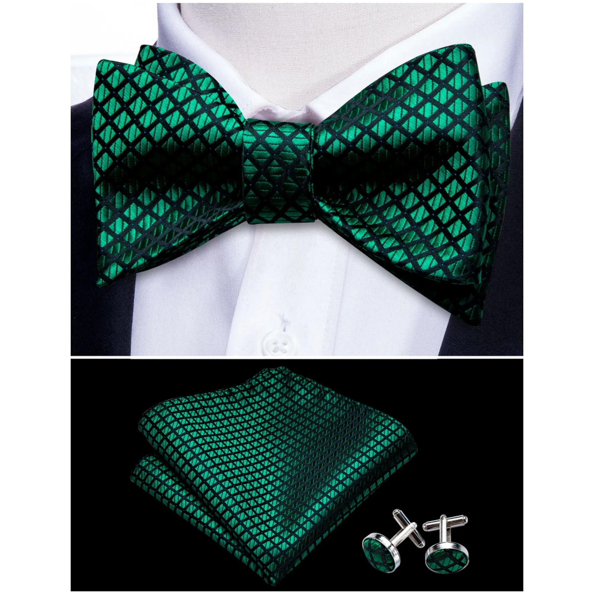Men's Green Plaid 100% Silk Self Tie Bow Tie Pocket Square Cufflinks Set