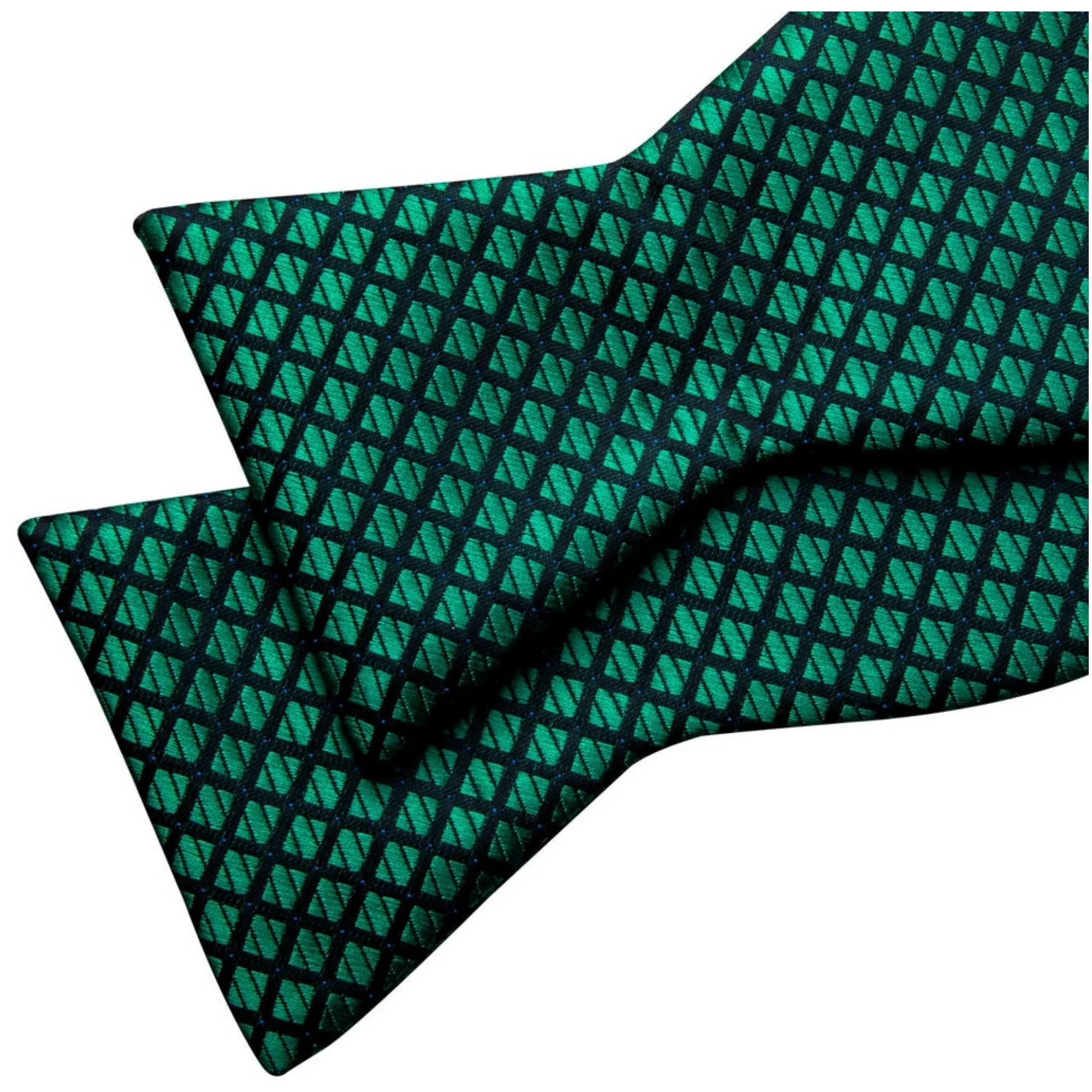 Men's Green Plaid 100% Silk Self Tie Bow Tie Pocket Square Cufflinks Set