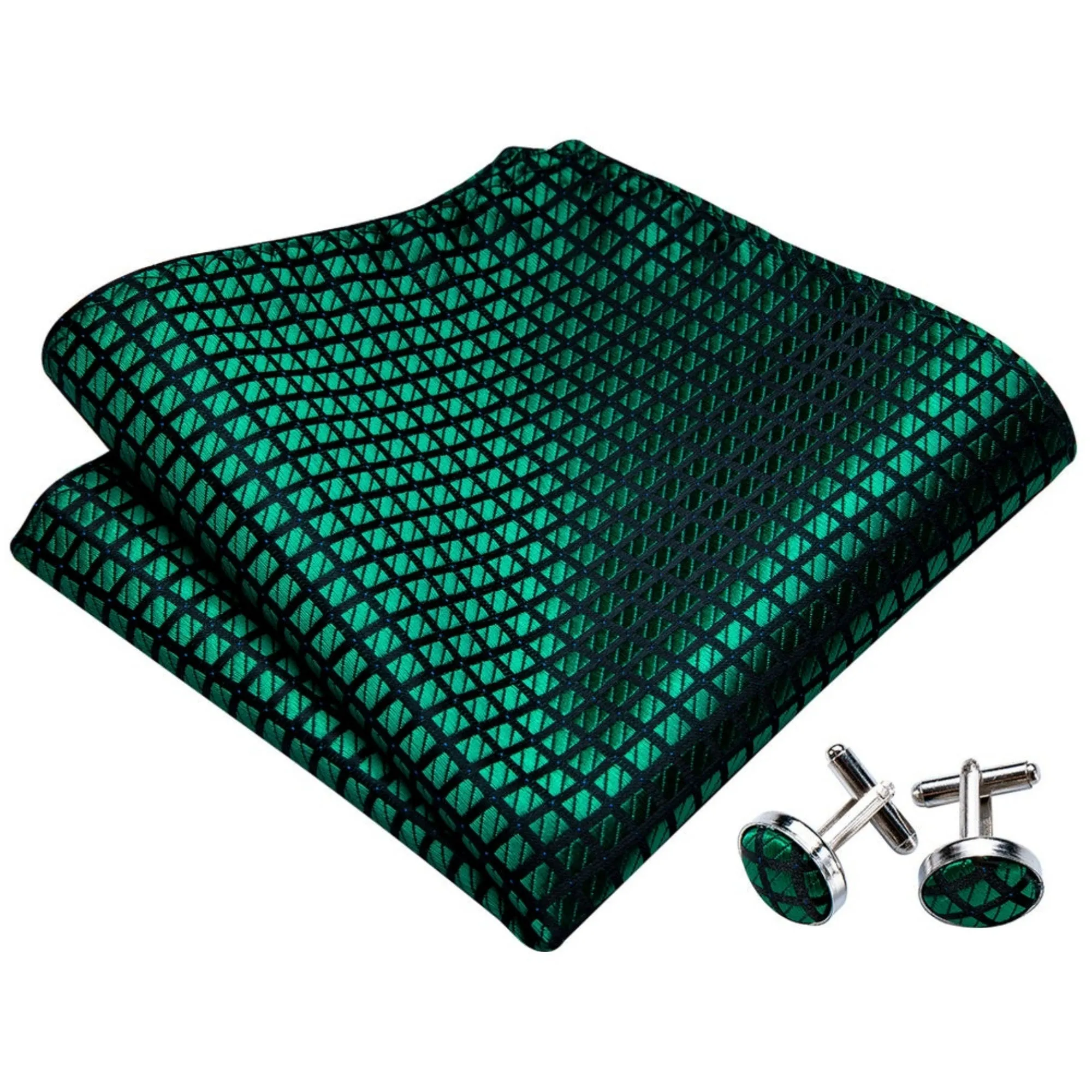 Men's Green Plaid 100% Silk Self Tie Bow Tie Pocket Square Cufflinks Set