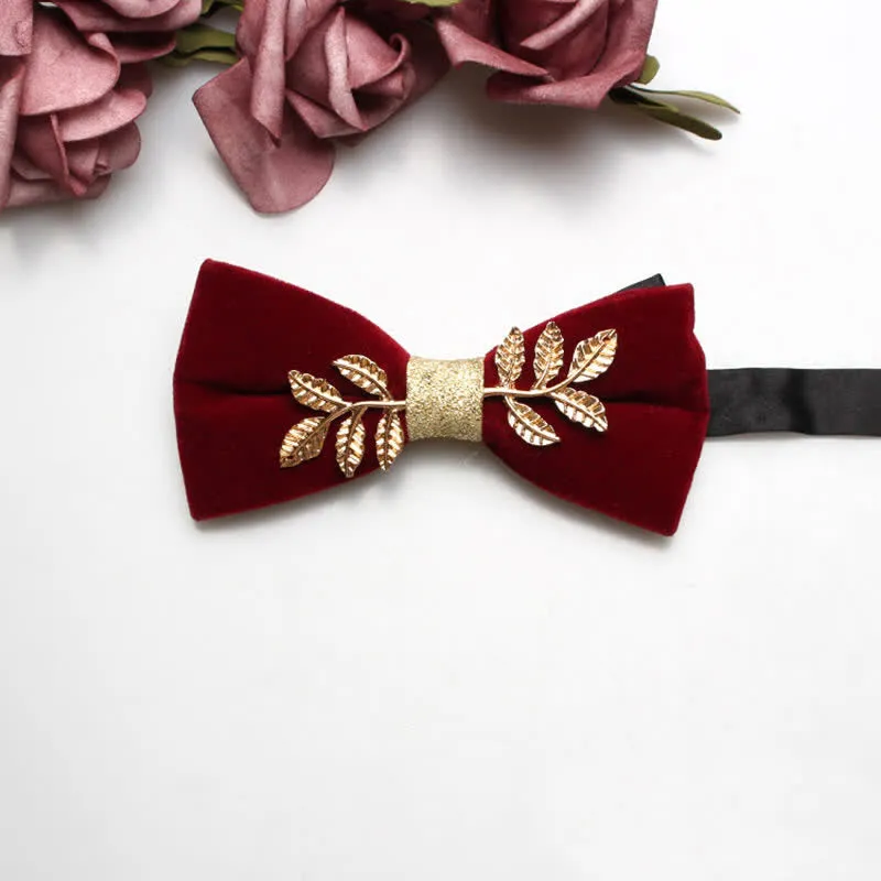 Men's Red Velvet Gold Tone Metal Flower Bow Tie