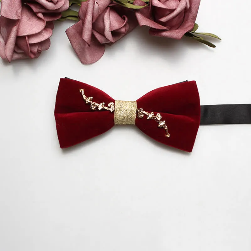Men's Red Velvet Gold Tone Metal Flower Bow Tie