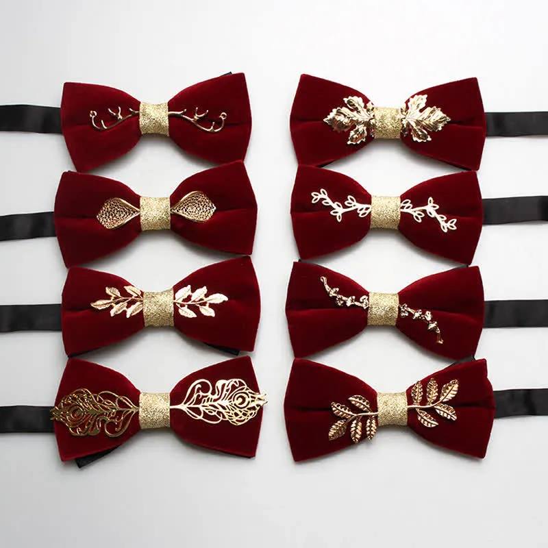 Men's Red Velvet Gold Tone Metal Flower Bow Tie