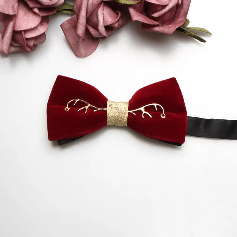 Men's Red Velvet Gold Tone Metal Flower Bow Tie