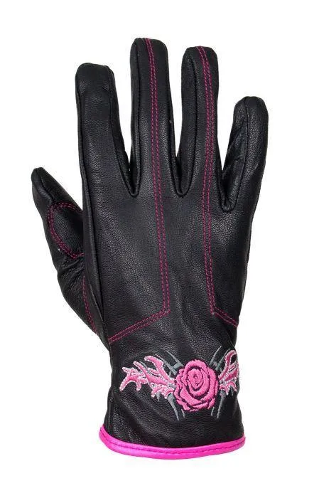 Pink-Rose Graphic Embroidered Leather Gloves, GLZ106-EBL6-PINK-DL