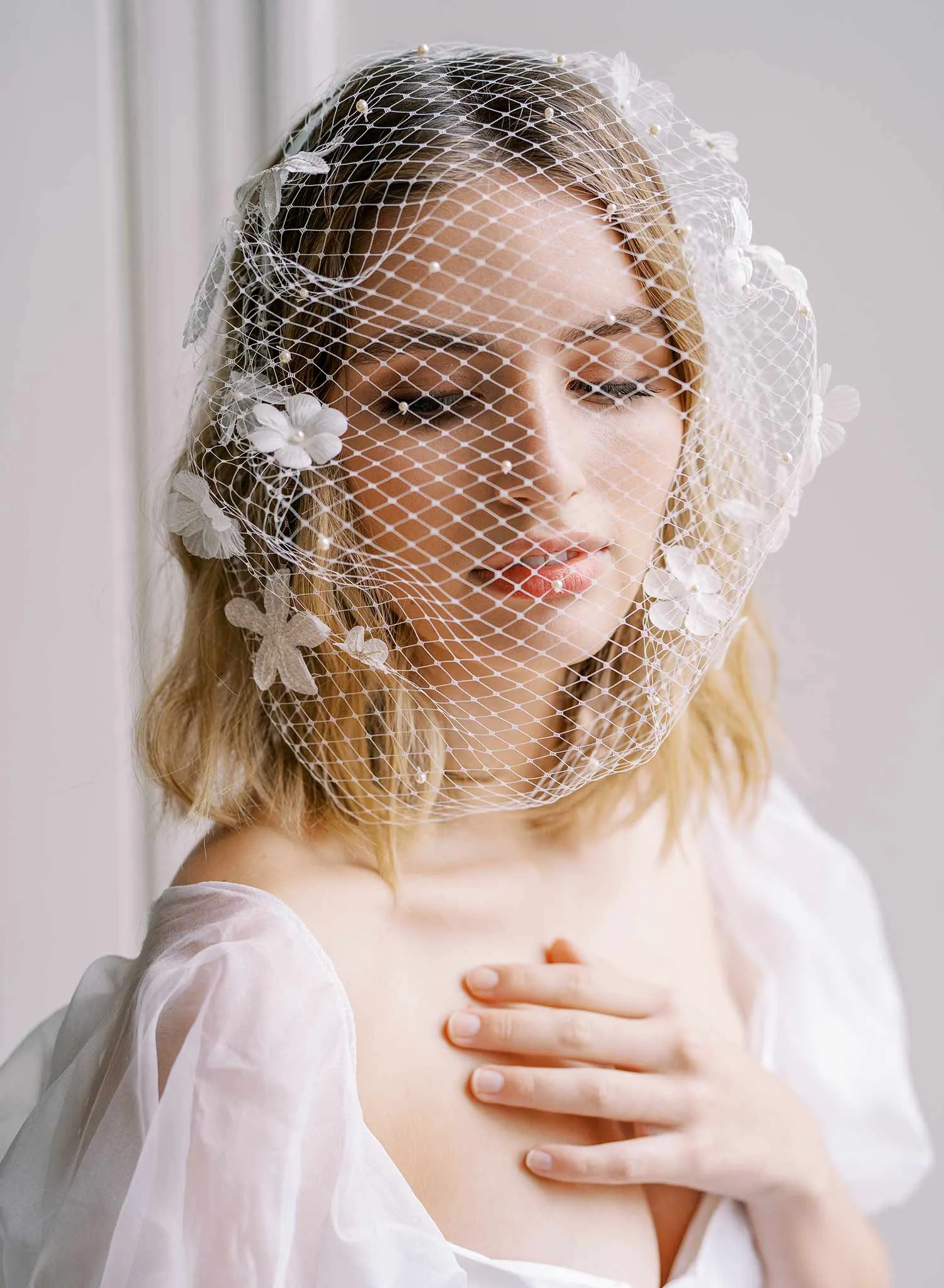 Silk and lace blooms bridal birdcage veil - Style #2451