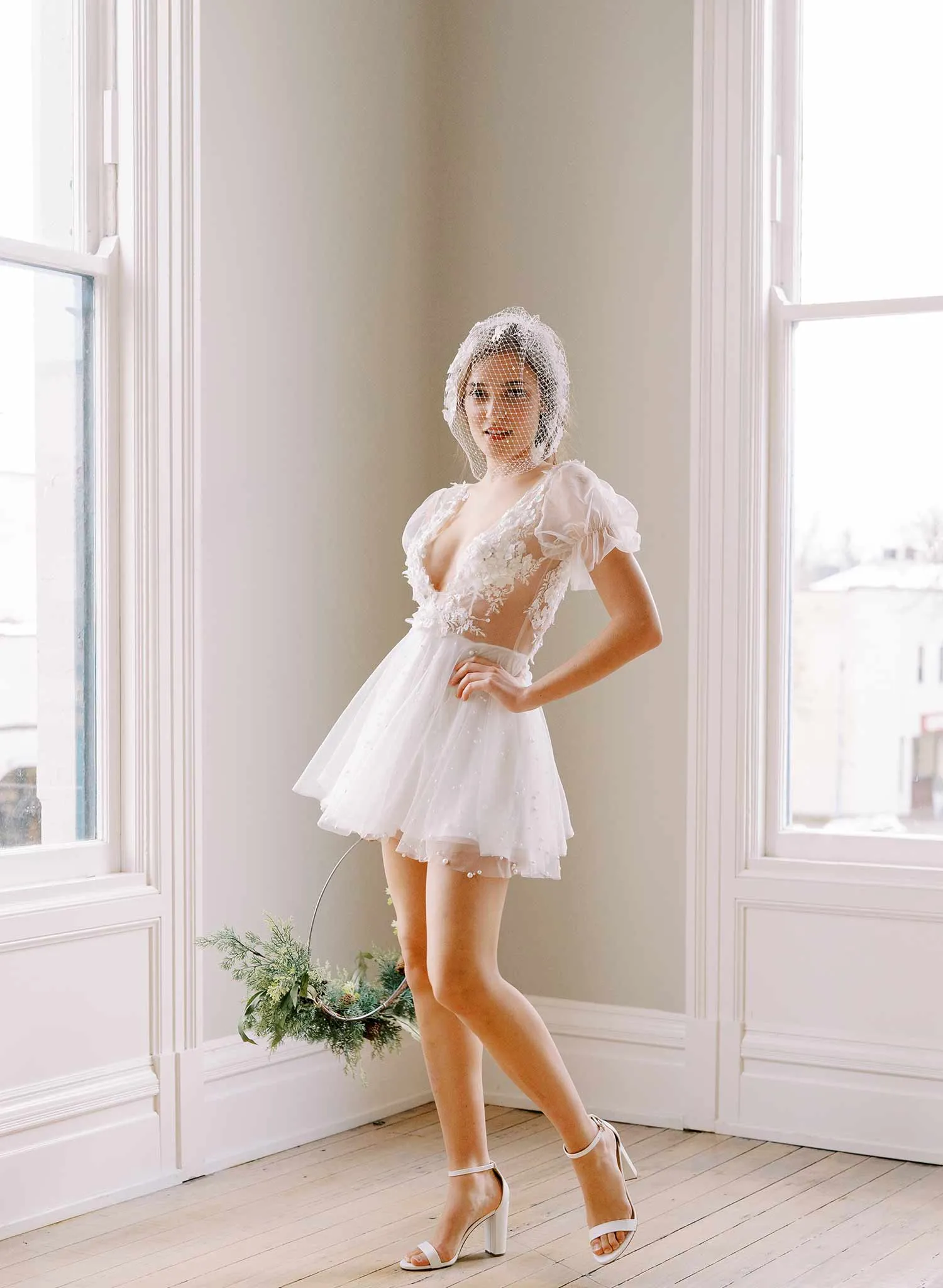 Silk and lace blooms bridal birdcage veil - Style #2451