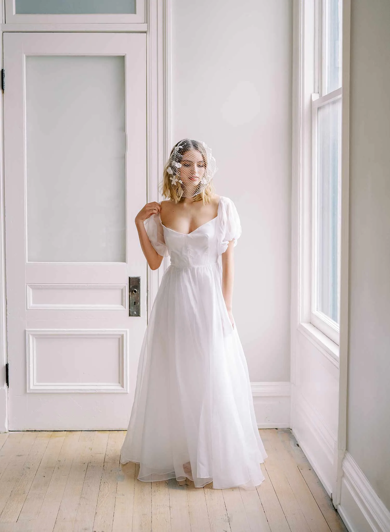 Silk and lace blooms bridal birdcage veil - Style #2451