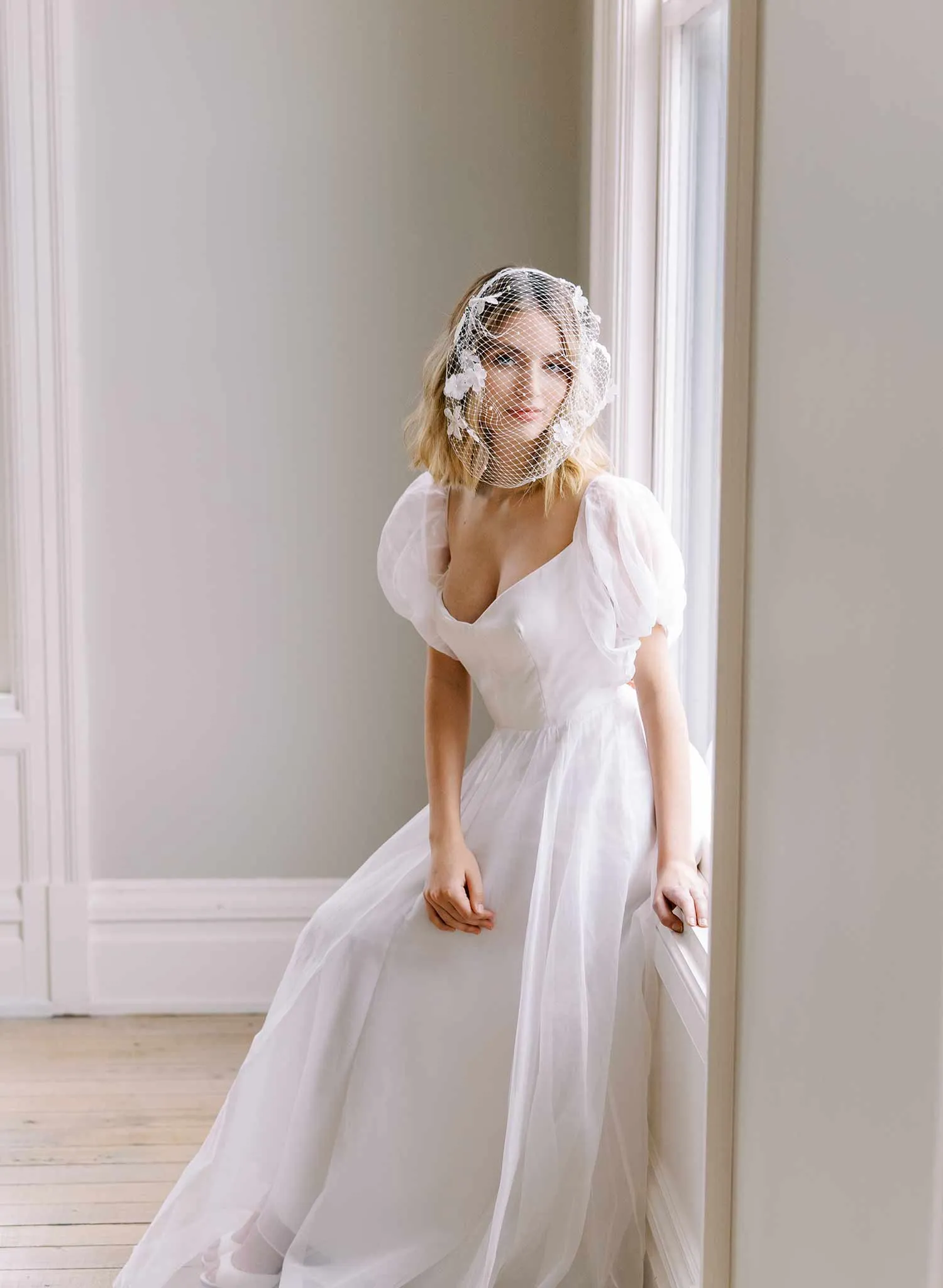 Silk and lace blooms bridal birdcage veil - Style #2451
