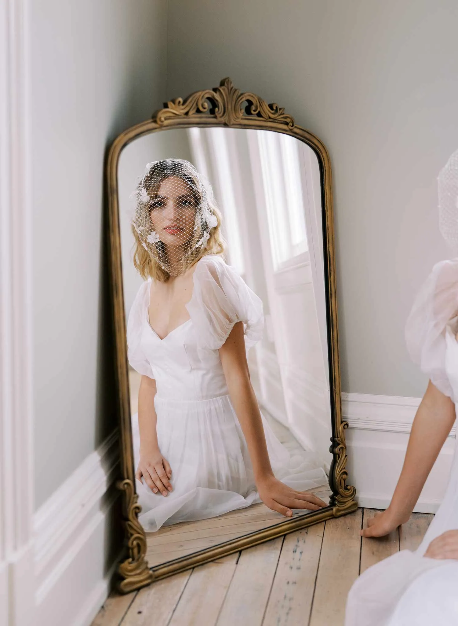 Silk and lace blooms bridal birdcage veil - Style #2451