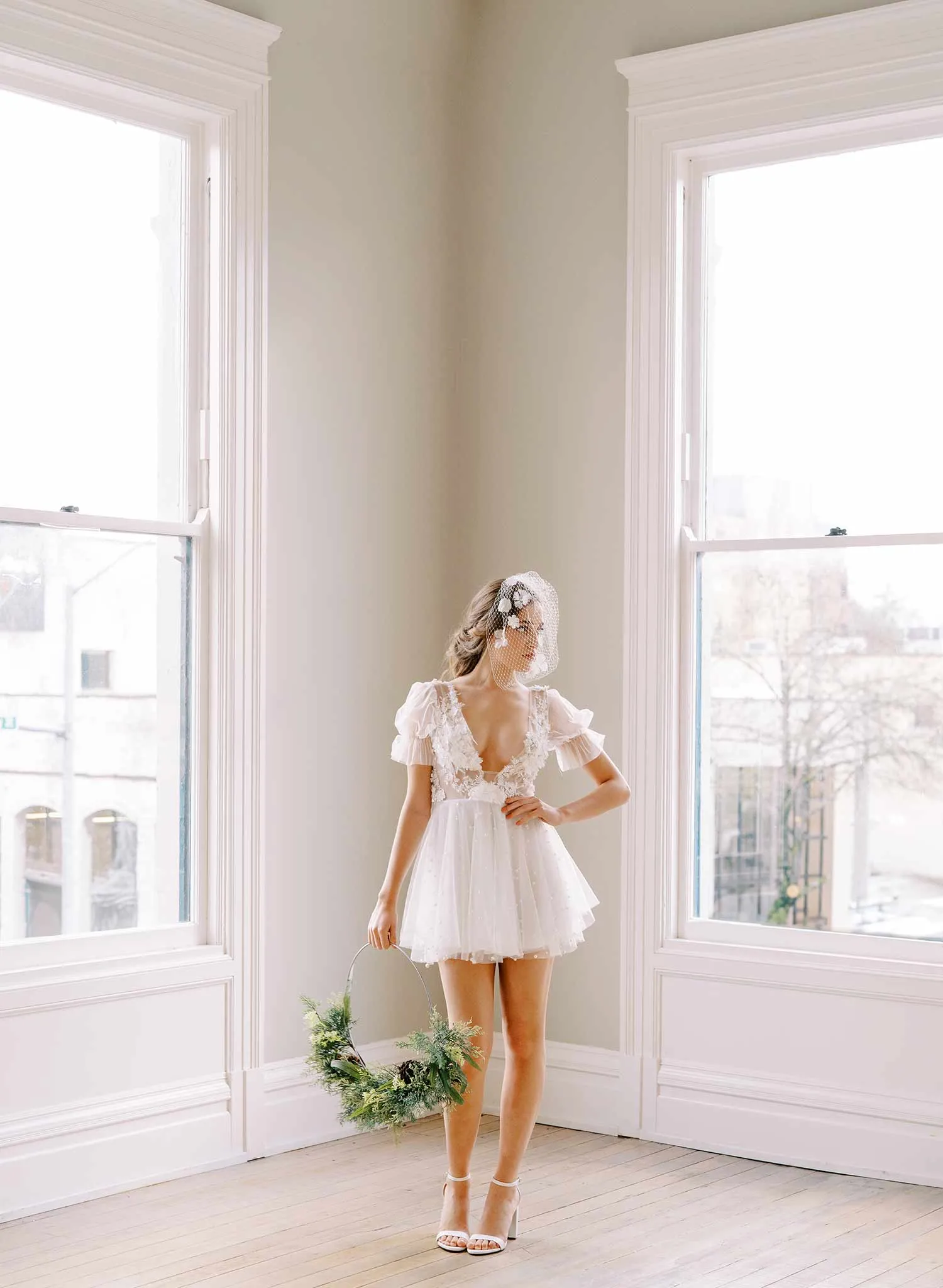Silk and lace blooms bridal birdcage veil - Style #2451