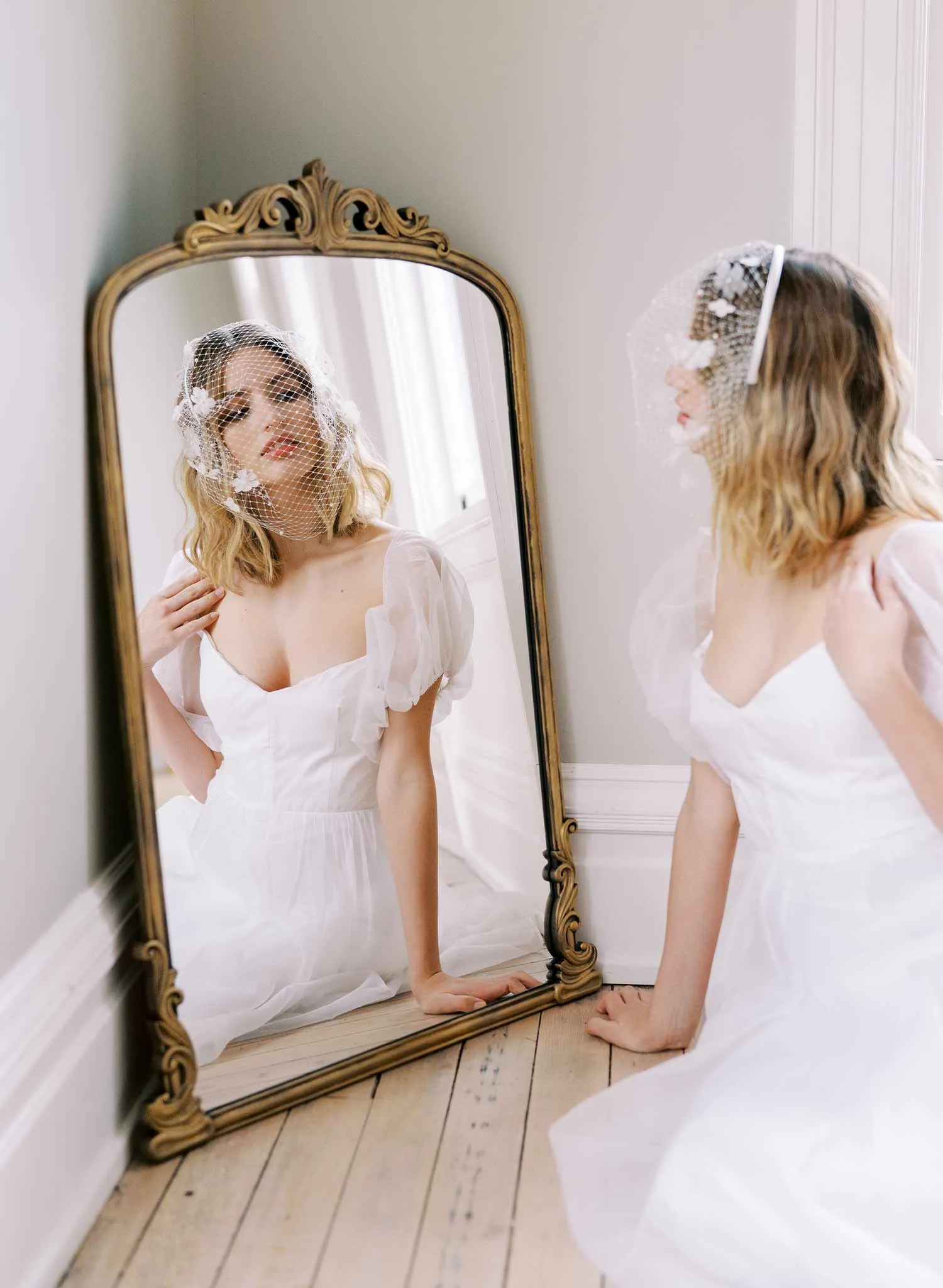 Silk and lace blooms bridal birdcage veil - Style #2451