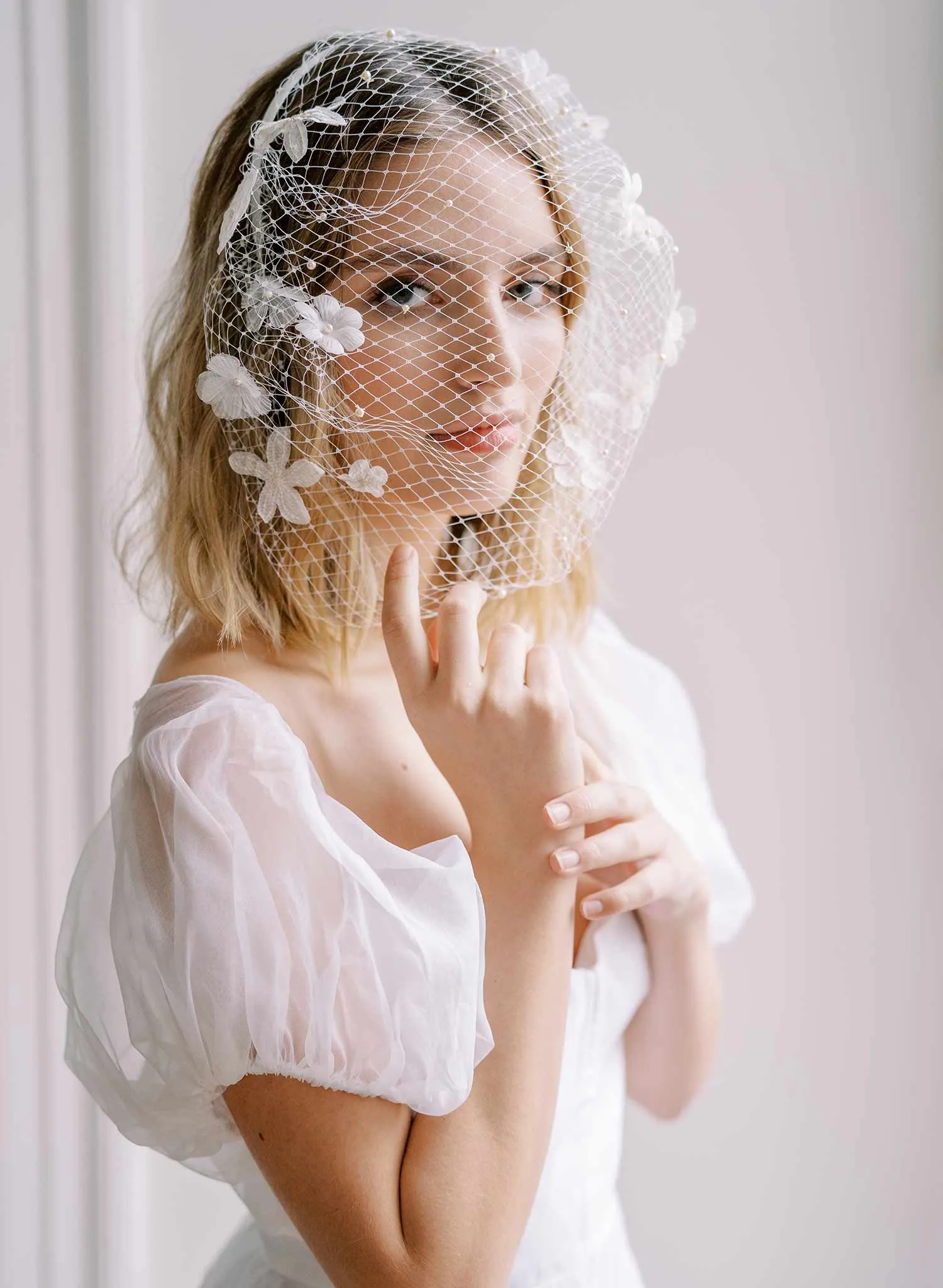 Silk and lace blooms bridal birdcage veil - Style #2451
