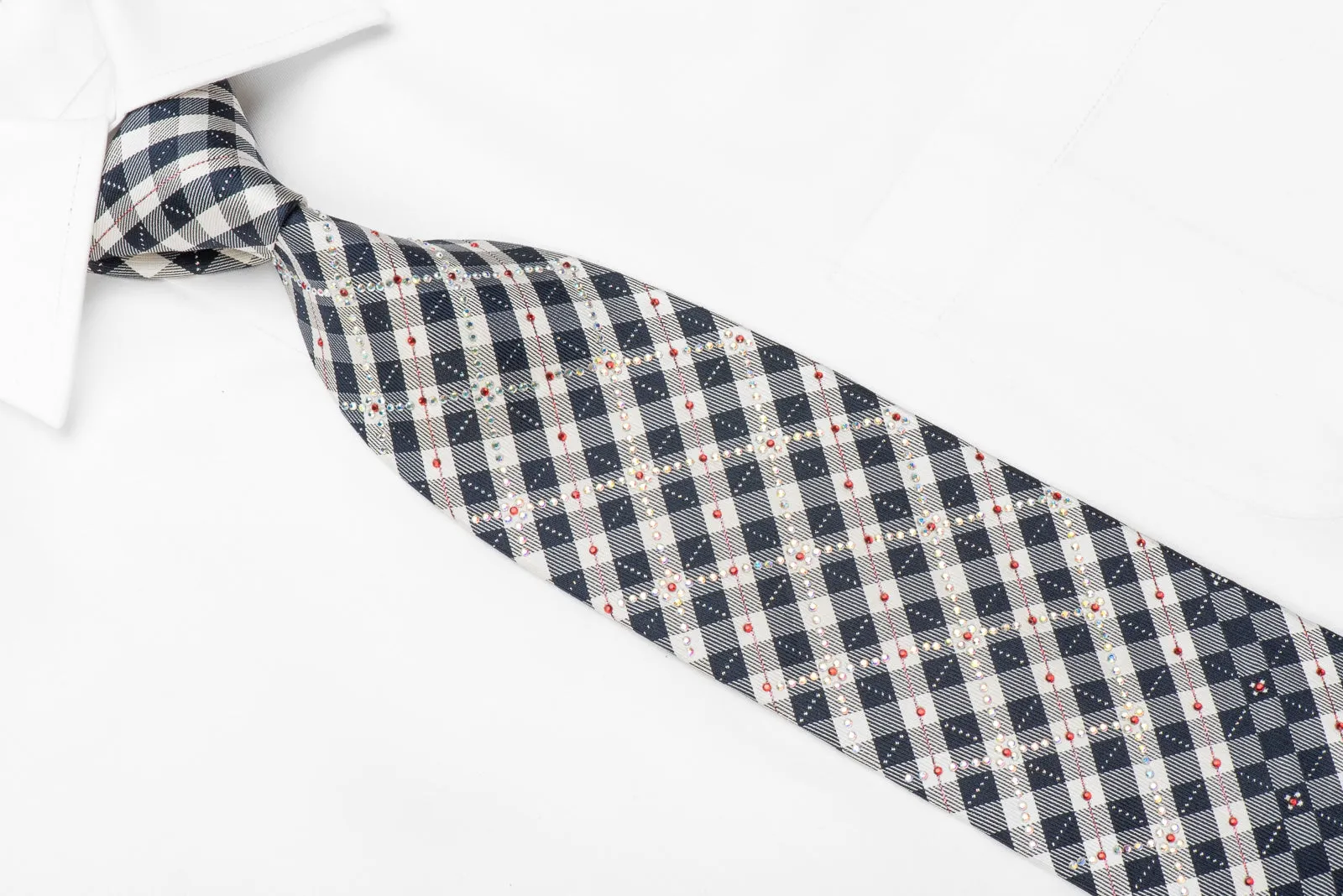 Silver Navy Plaid Rhinestone Silk Tie With Silver Sparkles