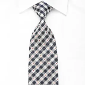 Silver Navy Plaid Rhinestone Silk Tie With Silver Sparkles