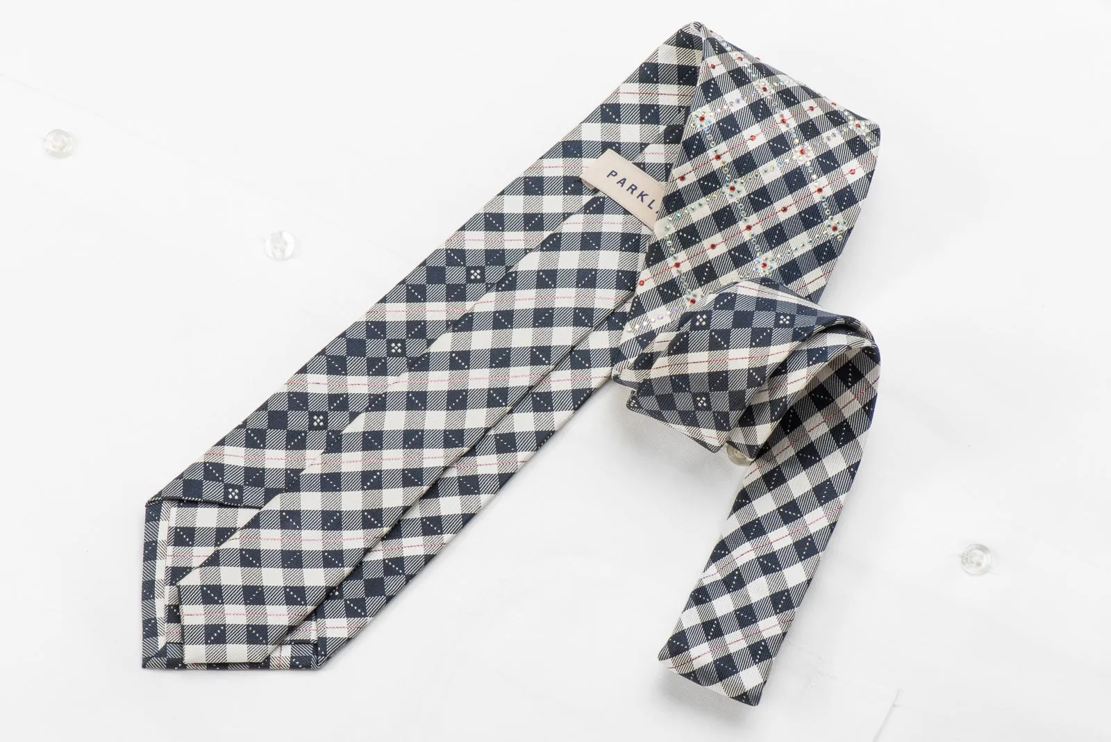 Silver Navy Plaid Rhinestone Silk Tie With Silver Sparkles