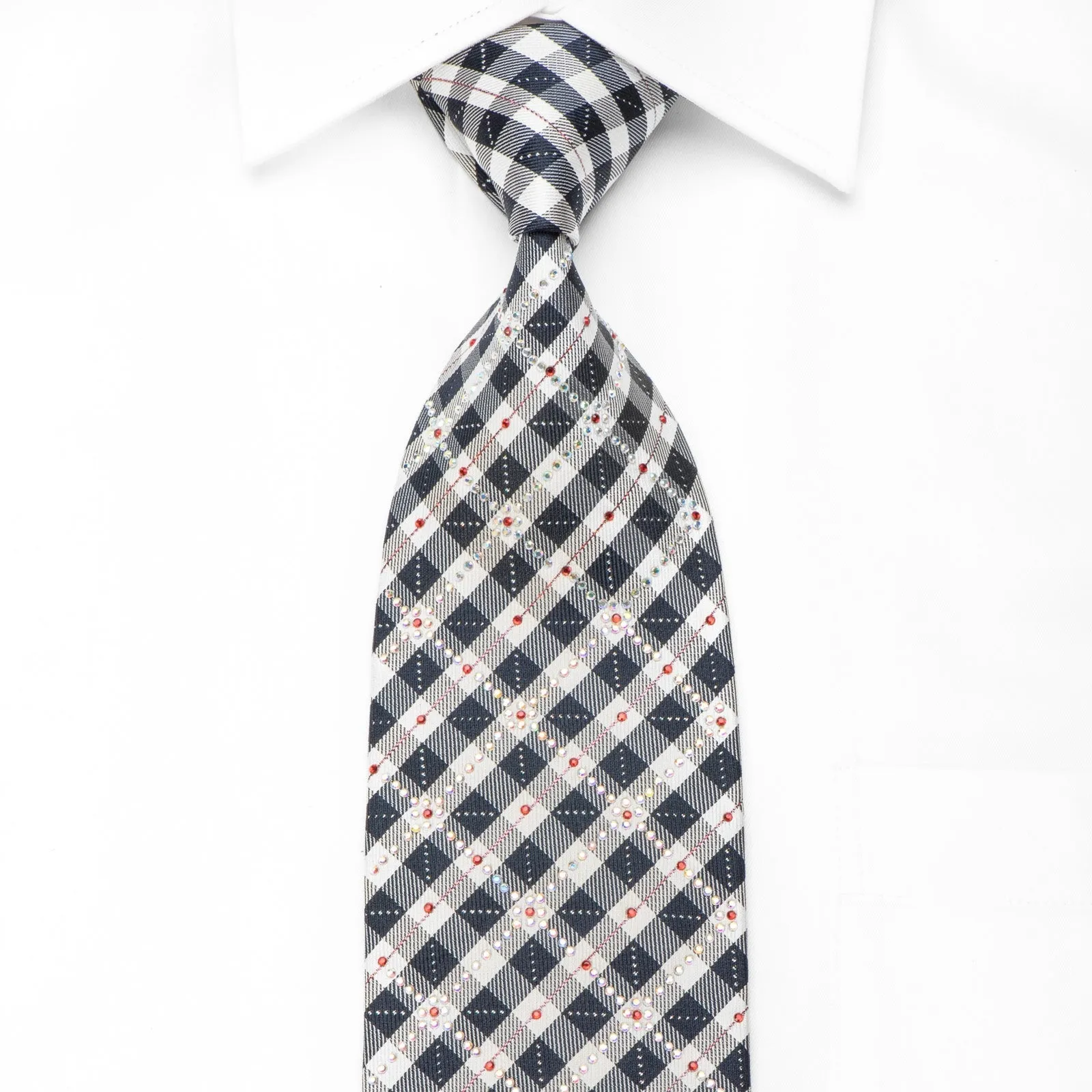 Silver Navy Plaid Rhinestone Silk Tie With Silver Sparkles
