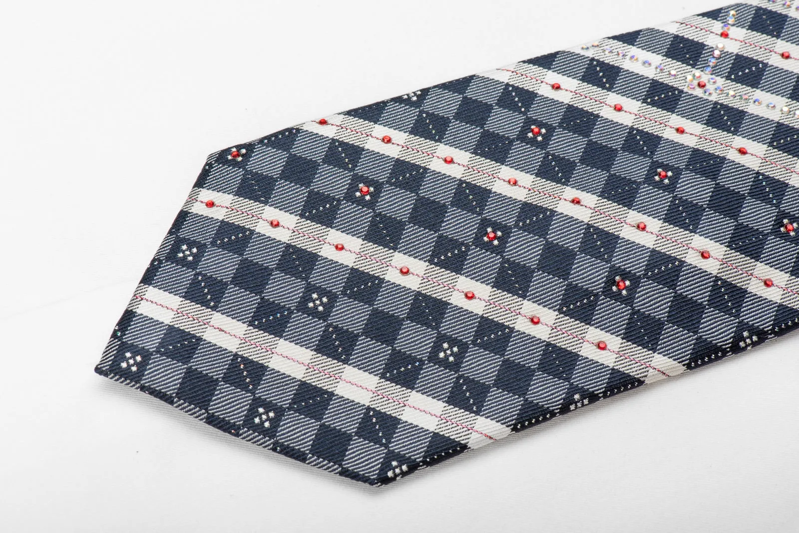 Silver Navy Plaid Rhinestone Silk Tie With Silver Sparkles