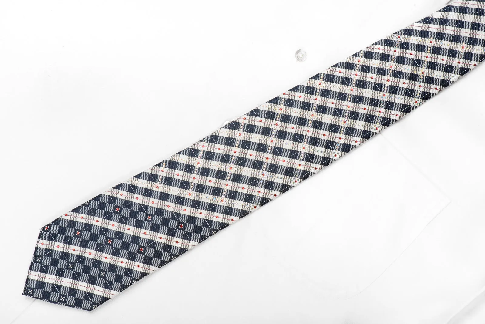 Silver Navy Plaid Rhinestone Silk Tie With Silver Sparkles
