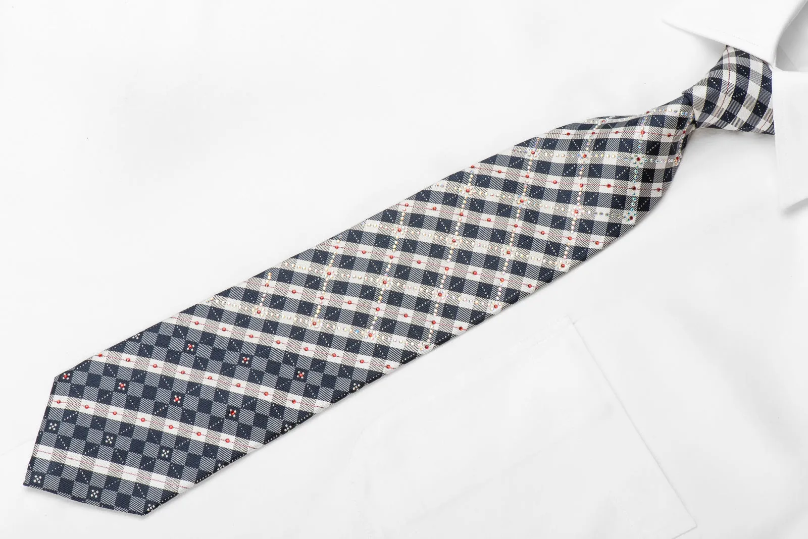 Silver Navy Plaid Rhinestone Silk Tie With Silver Sparkles