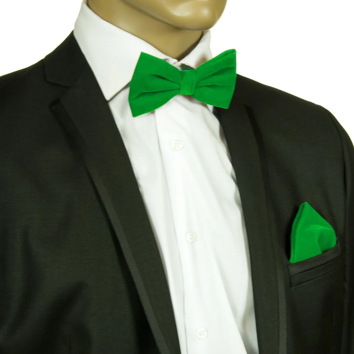 Solid Green VELVET Bow Tie and Pocket Square Set