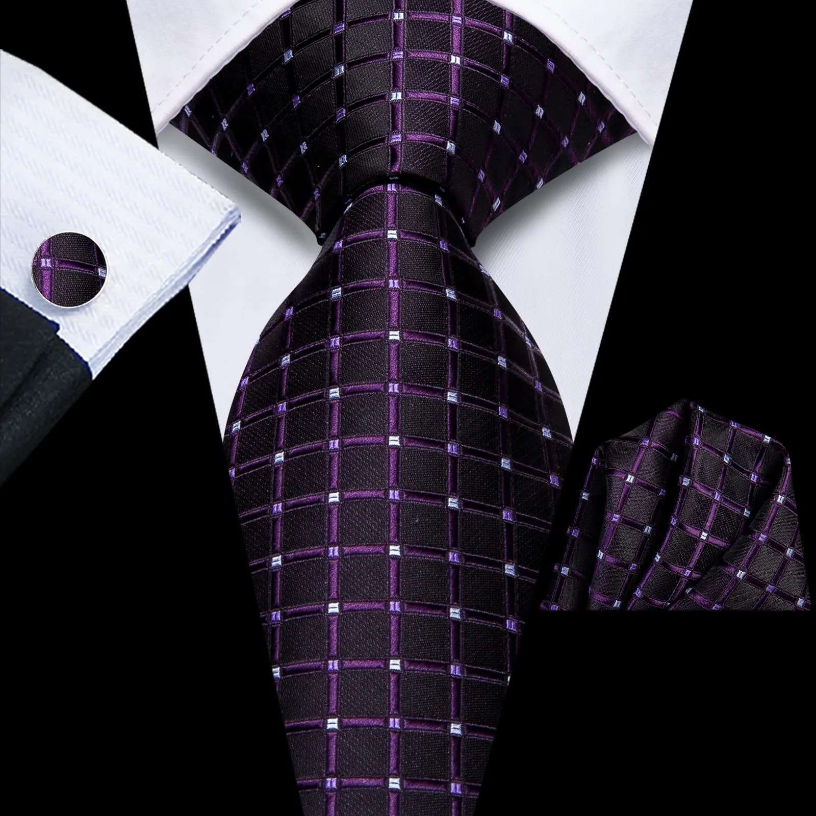 Ties2you Tie Top Eggplant Purple Plaid Silk Mens Formal Business Ties Pocket Square Cufflinks Set