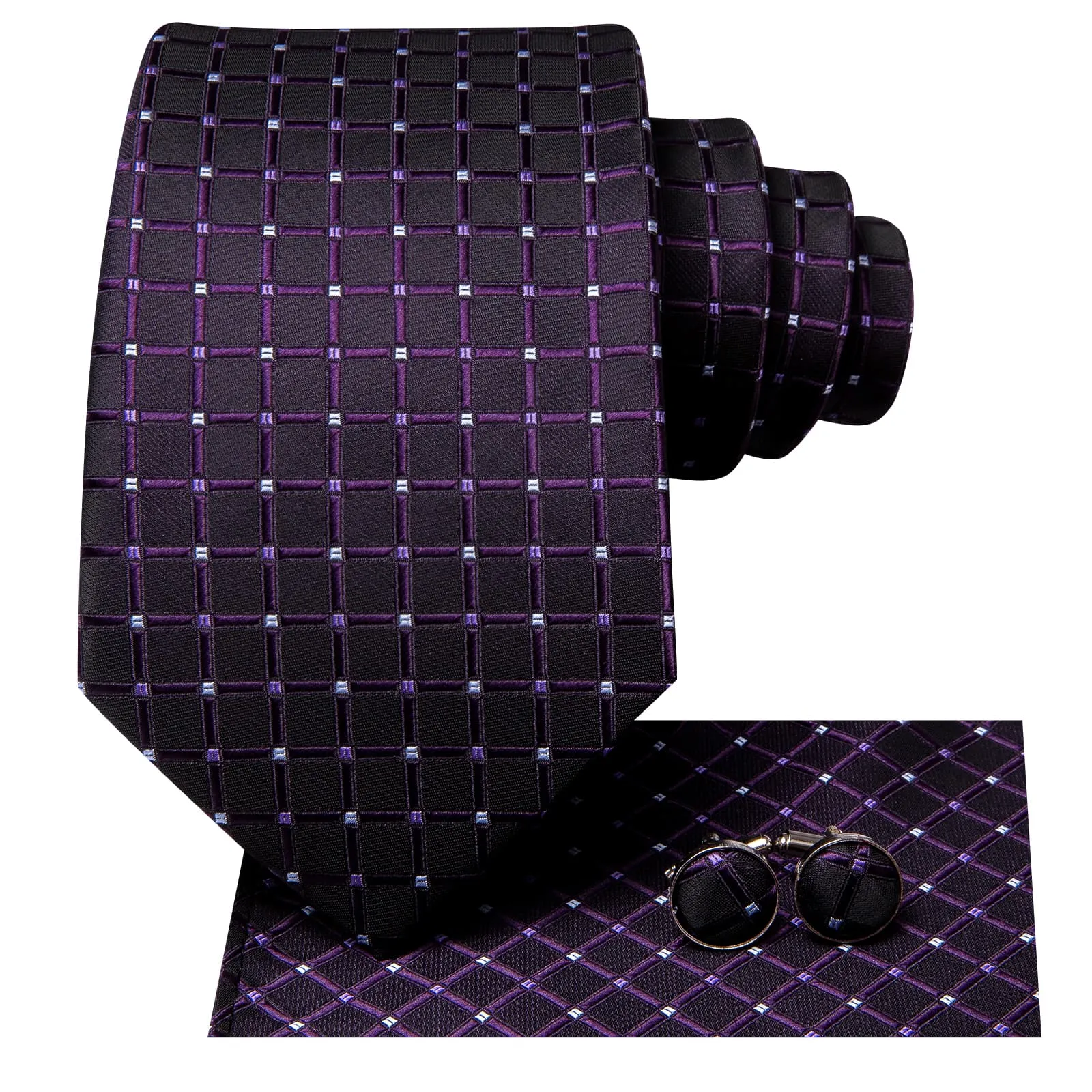 Ties2you Tie Top Eggplant Purple Plaid Silk Mens Formal Business Ties Pocket Square Cufflinks Set