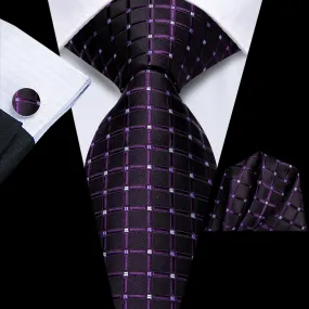 Ties2you Tie Top Eggplant Purple Plaid Silk Mens Formal Business Ties Pocket Square Cufflinks Set