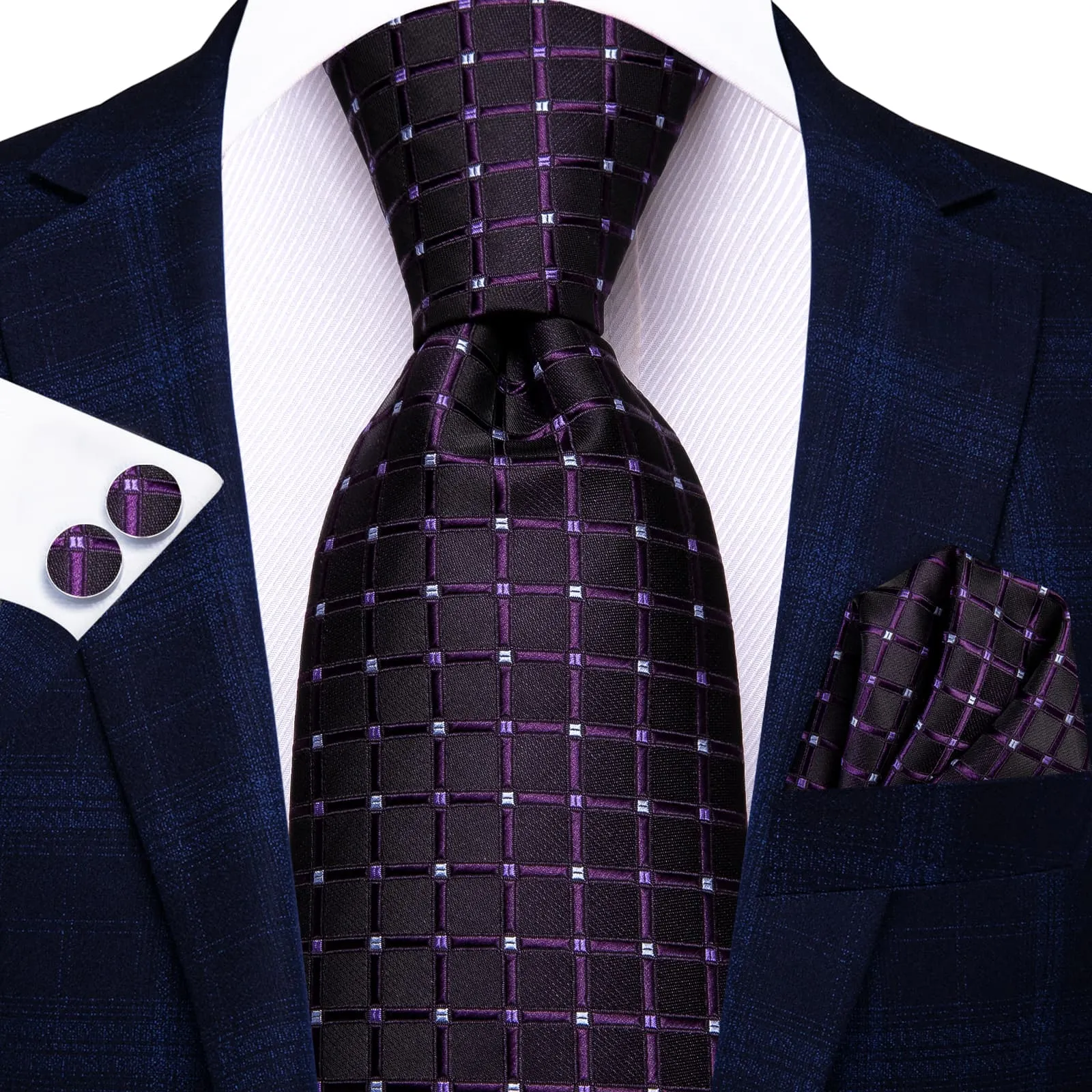 Ties2you Tie Top Eggplant Purple Plaid Silk Mens Formal Business Ties Pocket Square Cufflinks Set