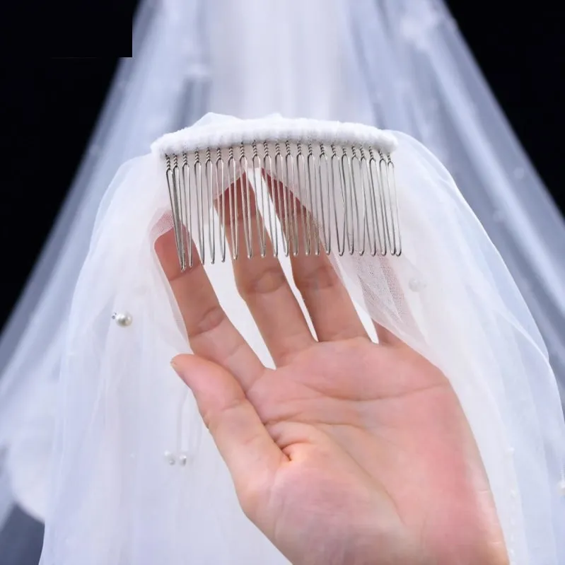Tulle Pearl Beaded Bridal  Wedding Veil with Hair Comb Size Short Through Cathedral