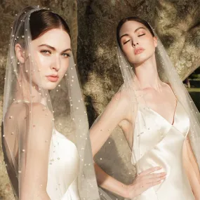 Tulle Pearl Beaded Bridal  Wedding Veil with Hair Comb Size Short Through Cathedral
