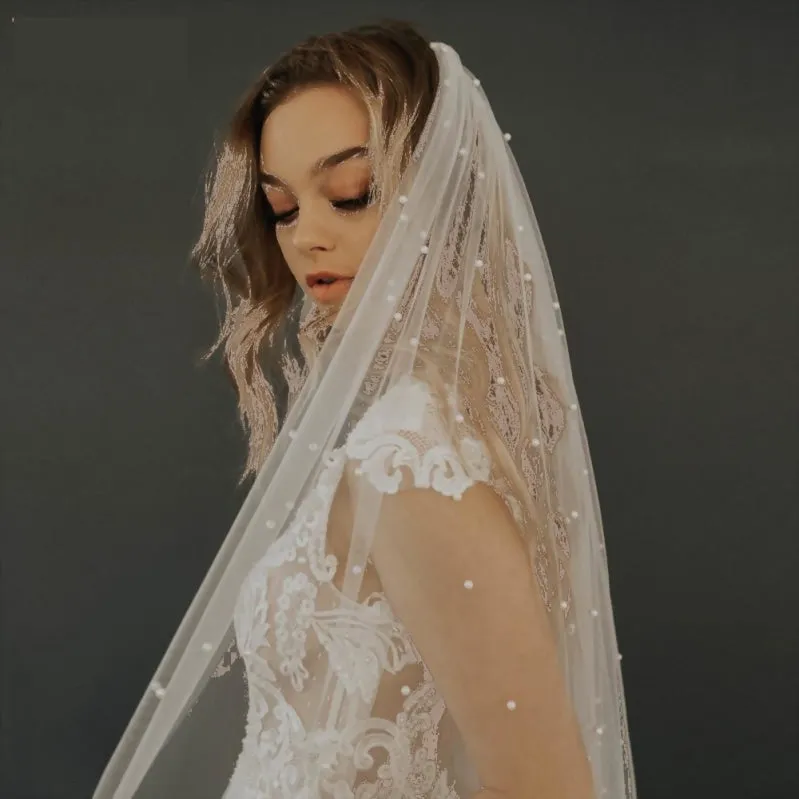 Tulle Pearl Beaded Bridal  Wedding Veil with Hair Comb Size Short Through Cathedral