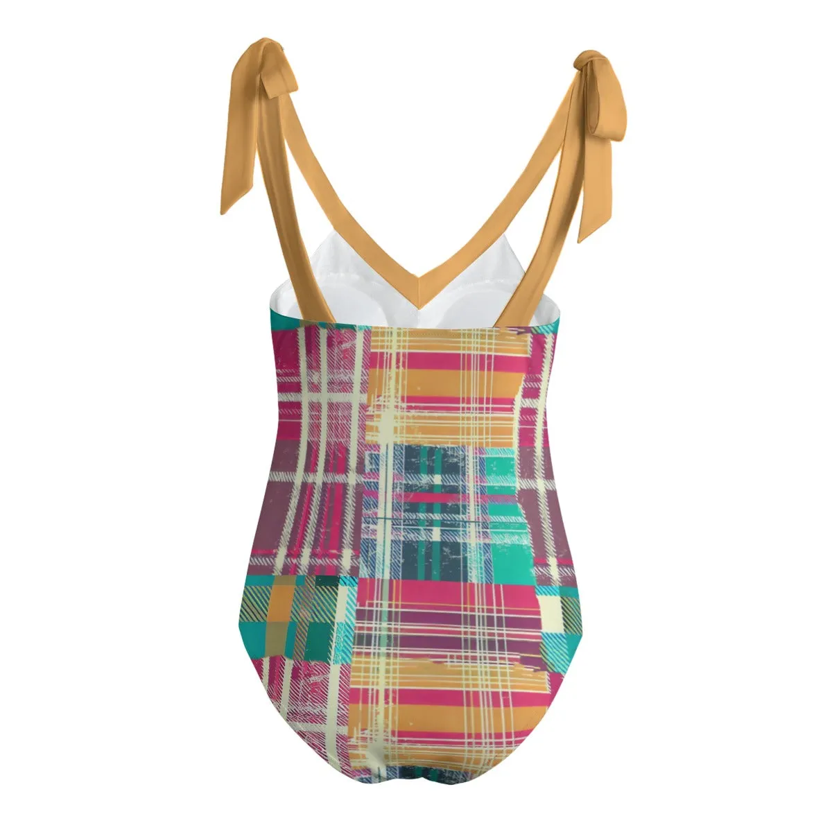 Vampire Art Grunge Patchwork Women's Tie Shoulder One-piece Padded Swimsuit - Colourful Tartan