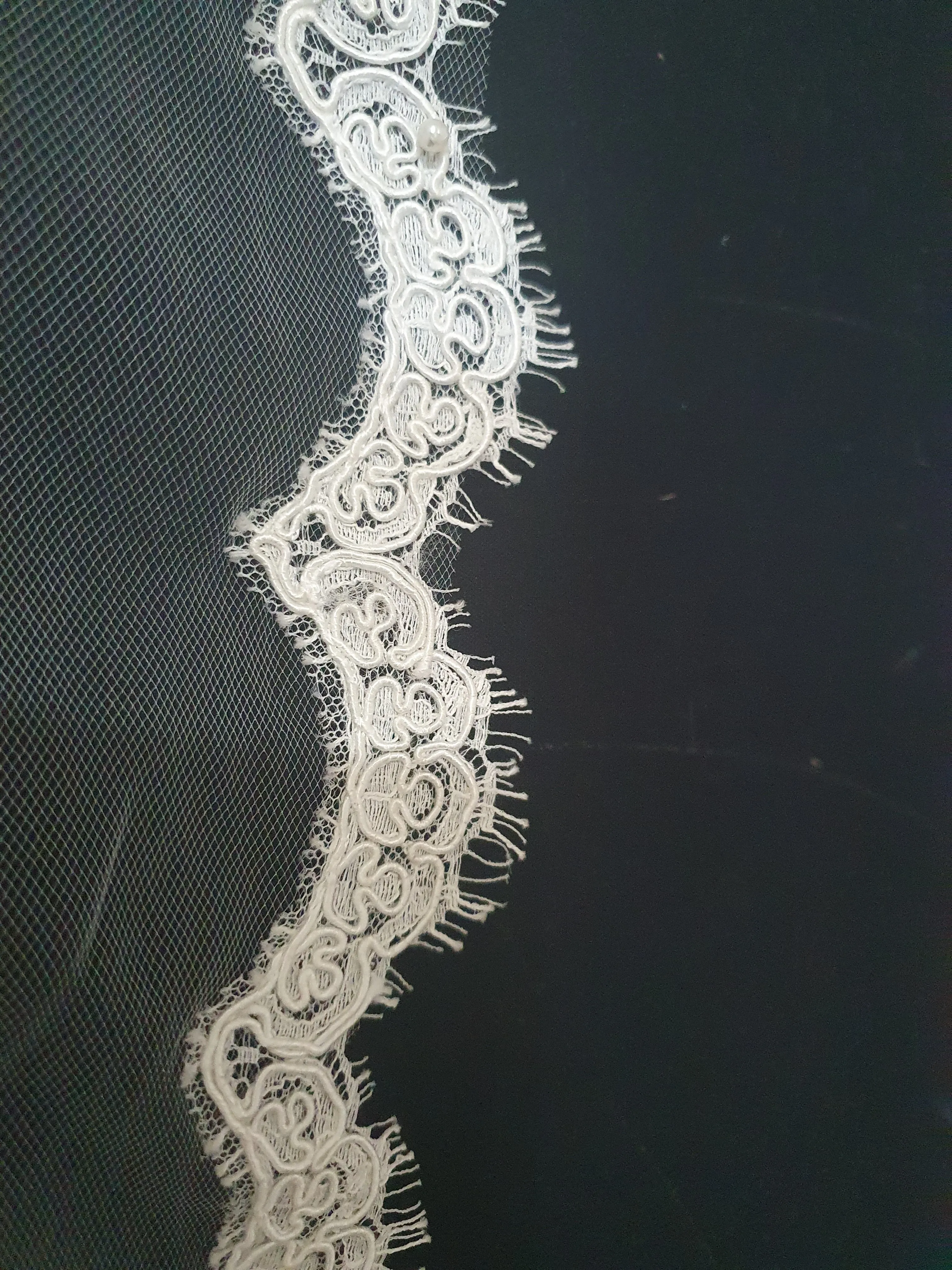 Veil 130misc: Light Ivory Fingertip Veils with Lace Trim